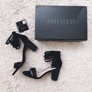 FOREVER 21 black suede tassel ankle strap heels